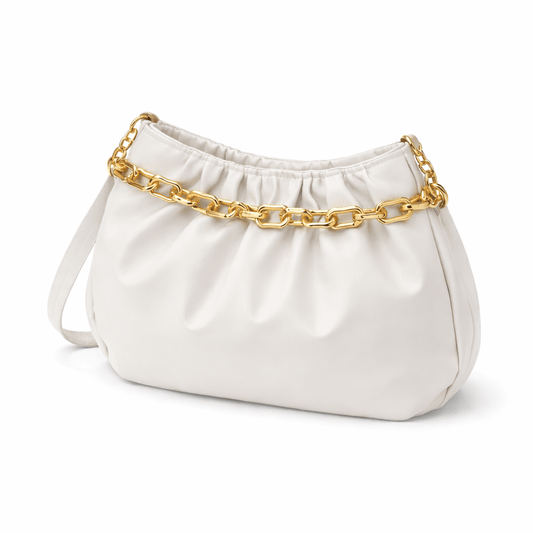 White pleated handbag with gold chain strap, stylish women's purse accessory
