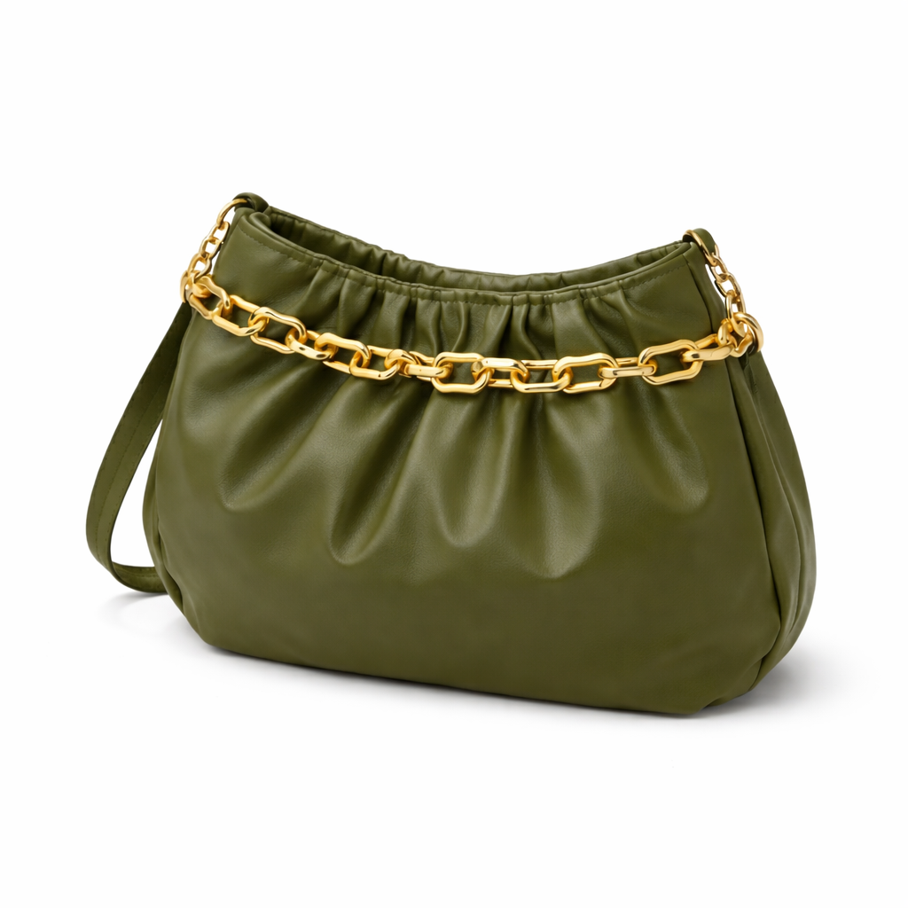 Olive green pleated shoulder bag with gold chain and strap, stylish women's accessory