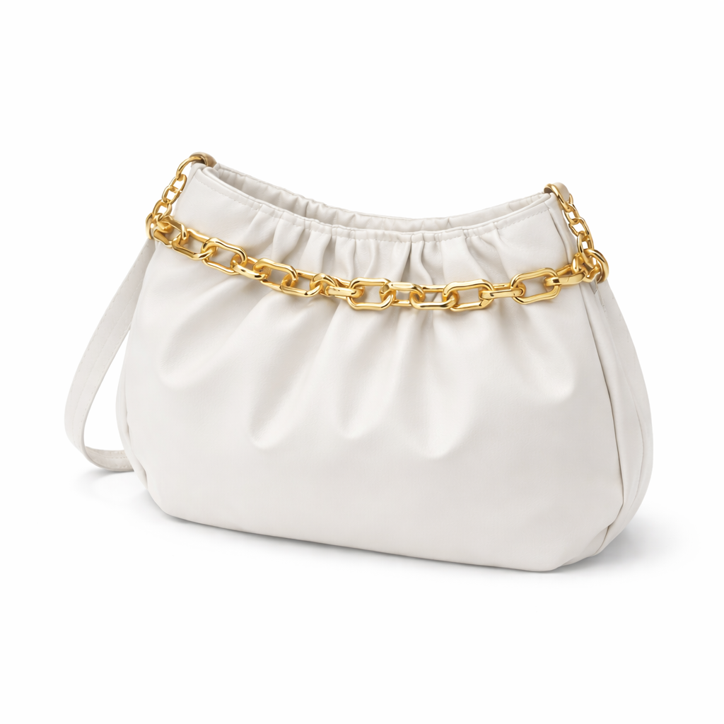 White pleated handbag with gold chain strap, stylish women's purse accessory